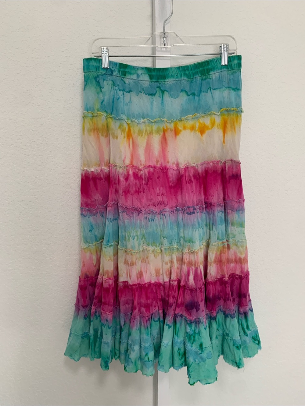 Y2K Sacred Threads Multicolor Tie-Dye Midi Skirt in Teal, Pink & Yellow - Picture 5 of 7